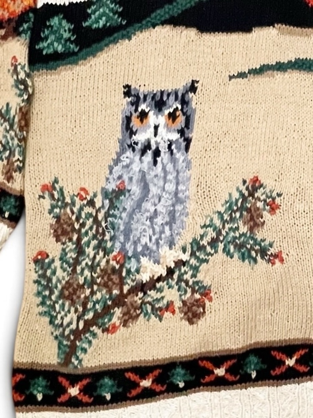 Vintage Northern Isles Hand Knit Cardigan 2X Woodland Deer Owl Novelty Sweater - Picture 10 of 16